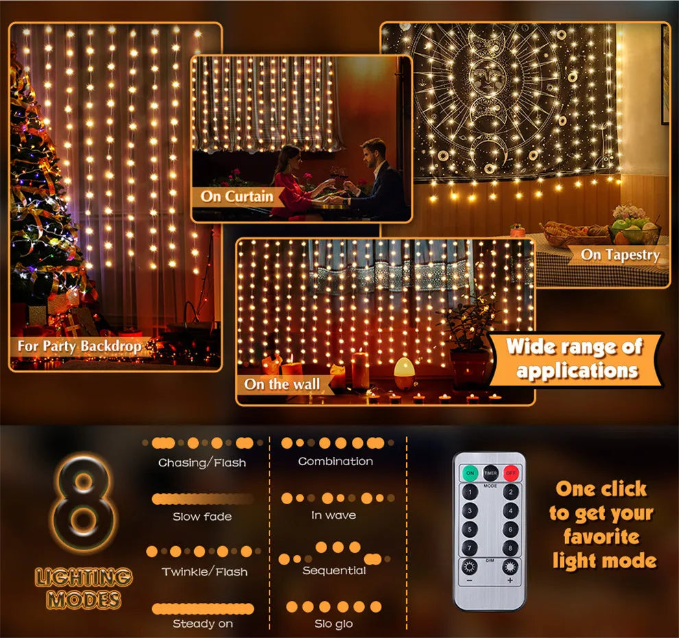 Christmas Lights LED Fairy String Curtain Lights 8 Mode Remote USB