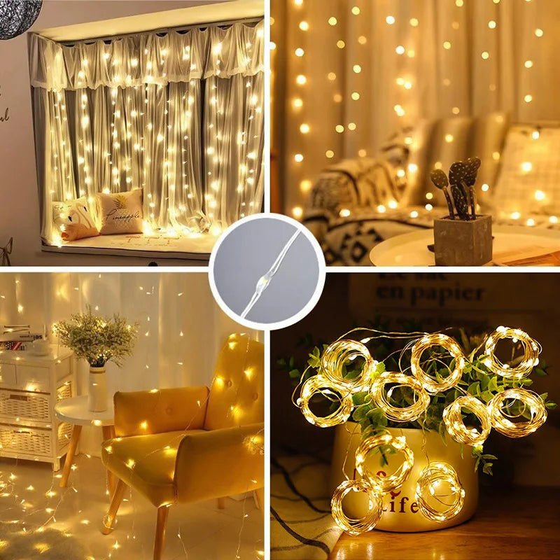 Christmas Lights LED Fairy String Curtain Lights 8 Mode Remote USB